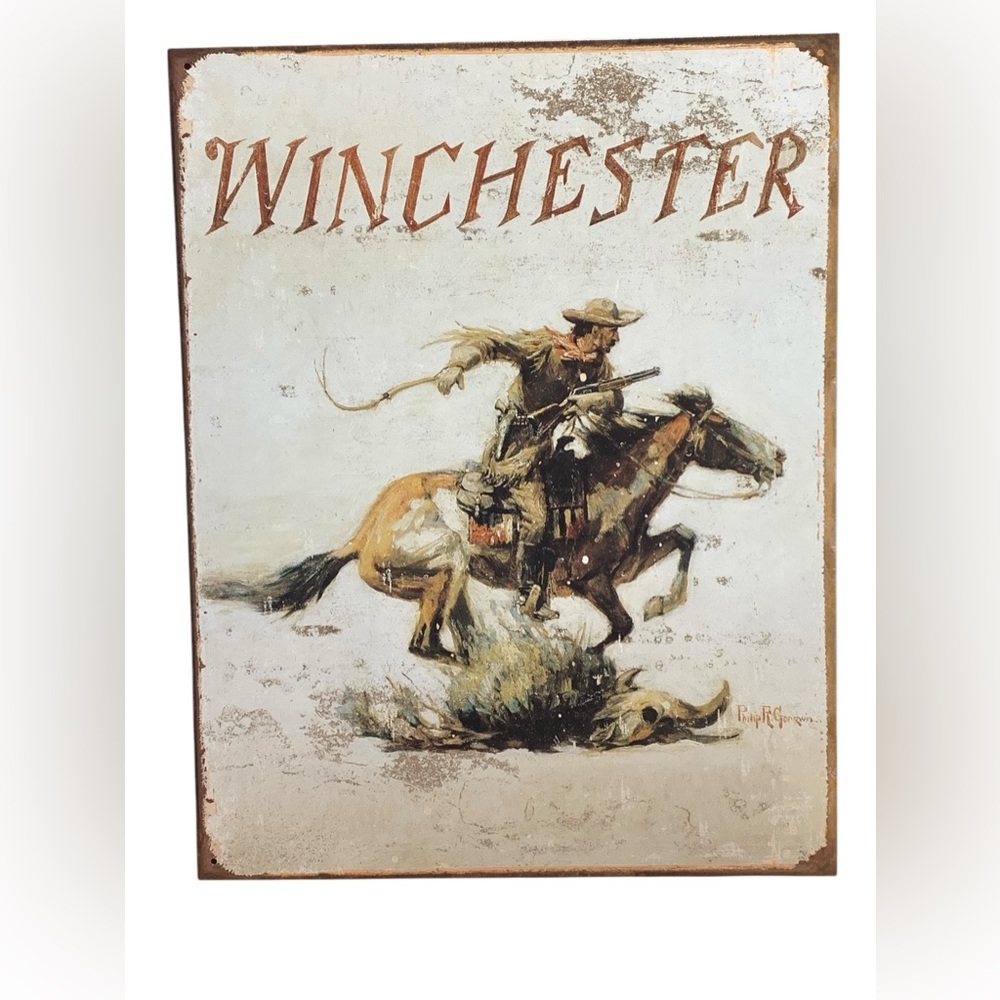 WINCHESTER LOGO Gunslinging Riding Horse Cowboy Tin Metal Sign Western Southwest